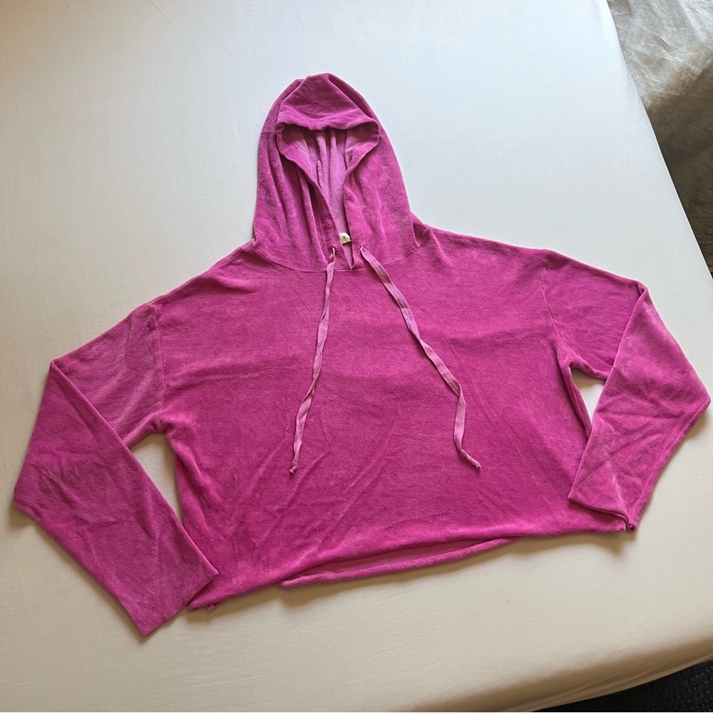 STARKX fuschia pink‎ terry cloth knit raw fray hem boxy cropped hoodie sweater